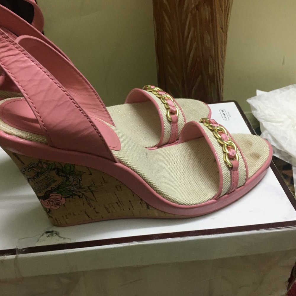 Authentic Coach Ellette Leather and Cork Platform Wedge Ankle Strap Sandals - Picture 4 of 10